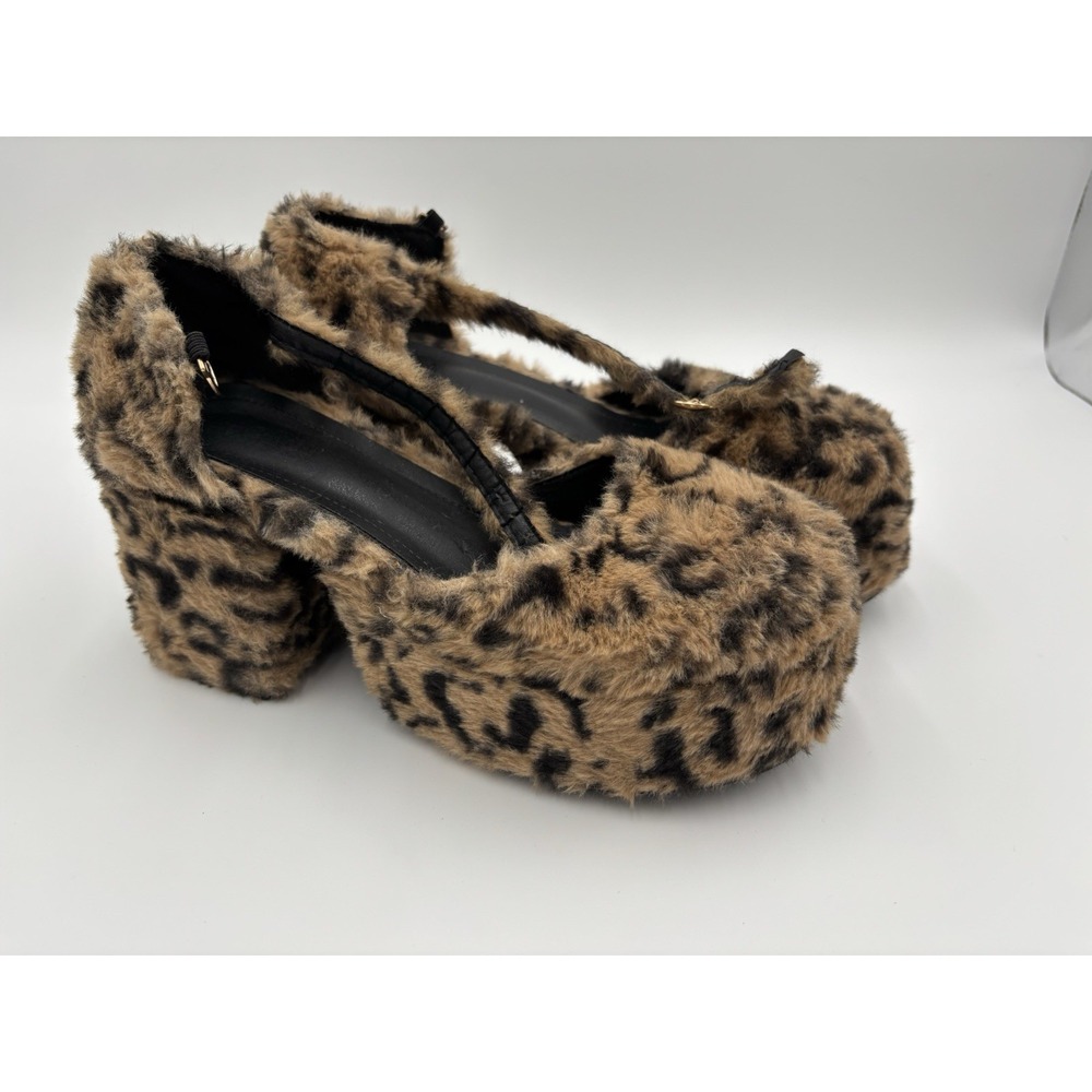 Leopard print faux fur platform heels 90s Y2K chunky Mary Janes animal print